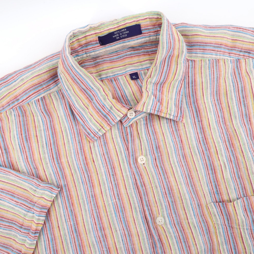 Alan Flusser Striped 100% Linen Short Sleeve Button Down Multi Color Mens XL